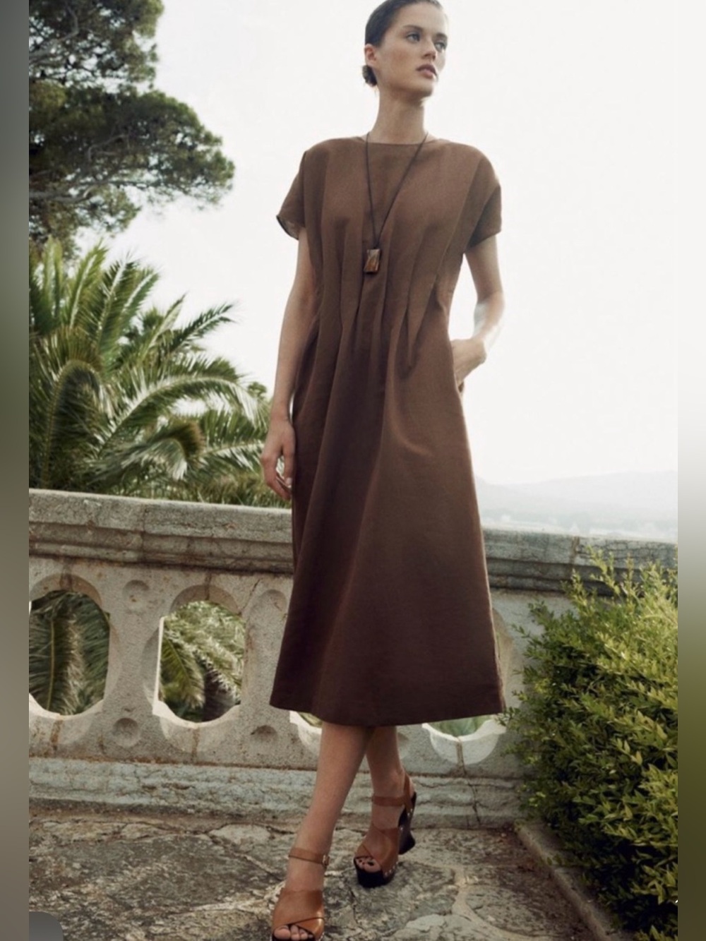 Zara ZW Collection Pleated Midi Dress Brown Size XS